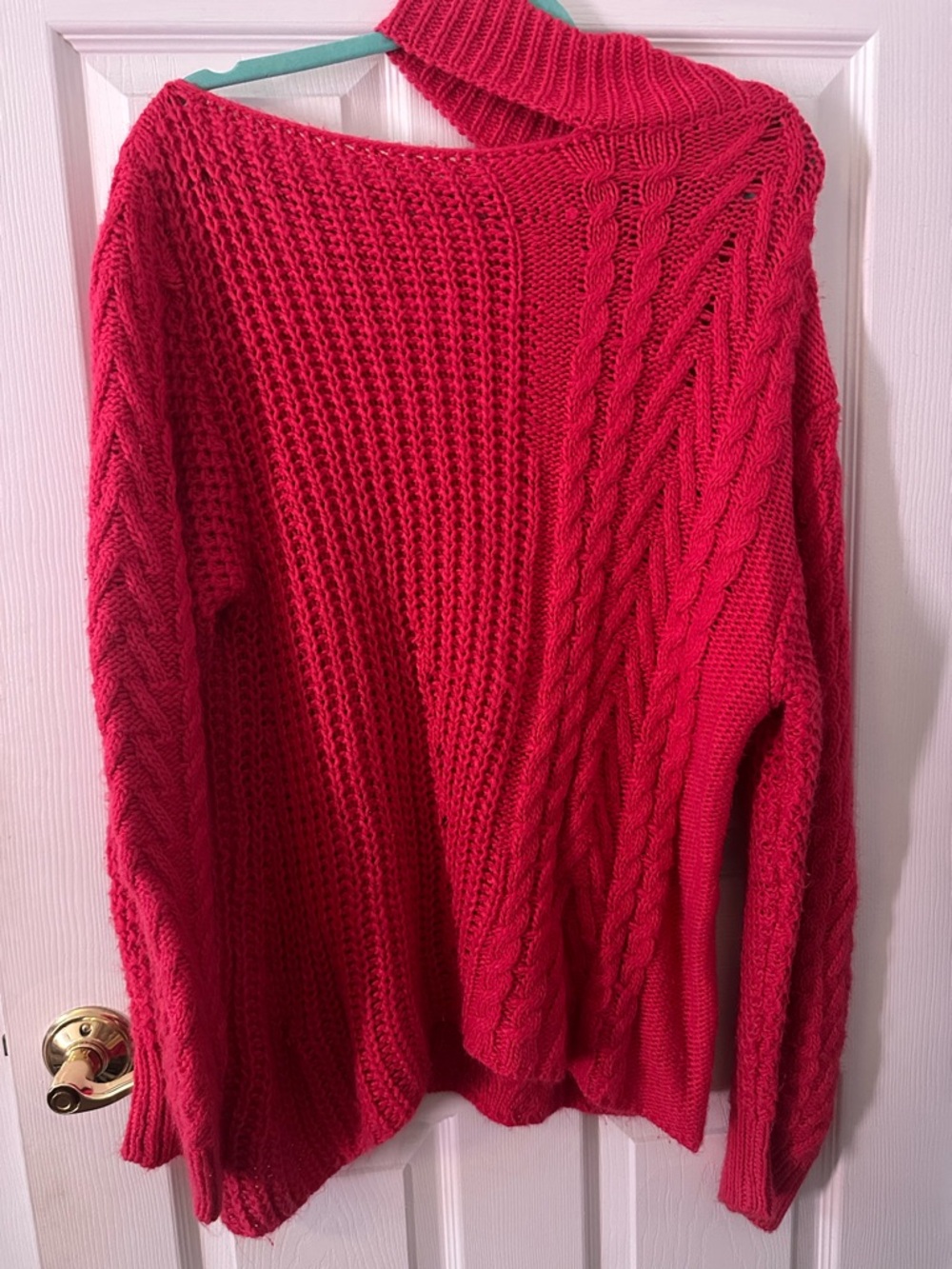 Peach Love California Hot Pink Cable Knit Turtleneck Sweater